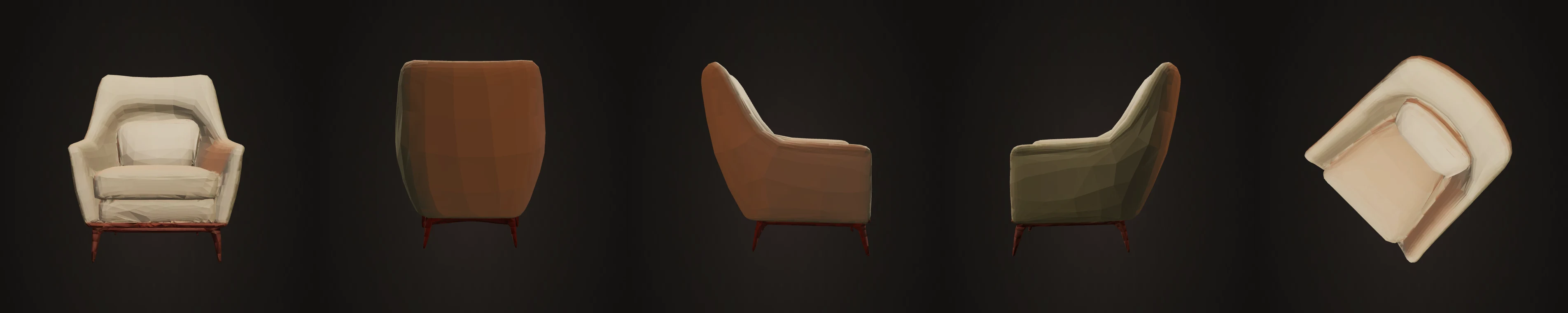 Armchair rendered from front, back, left, right and top for the five-view audit.