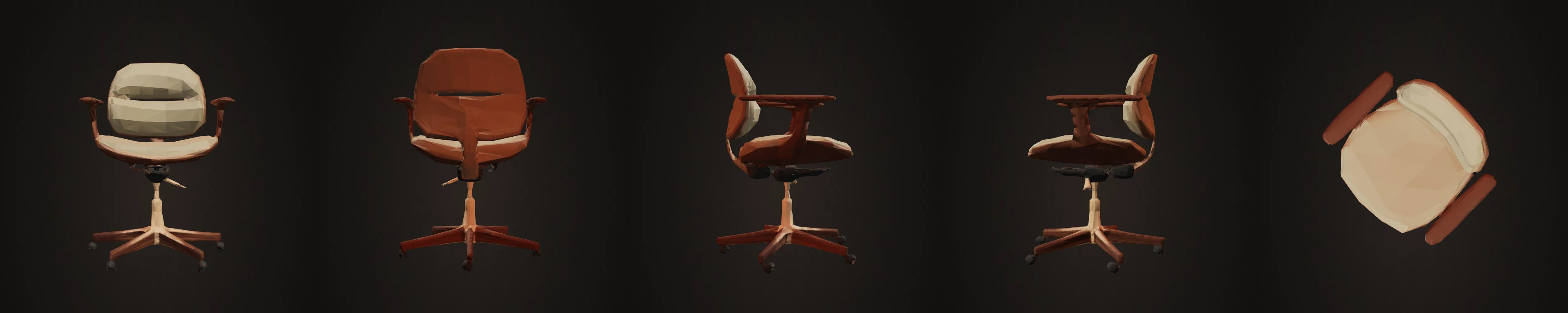 The desk chair from all five audited angles — front, back, left, right and top. 5,040 triangles.
