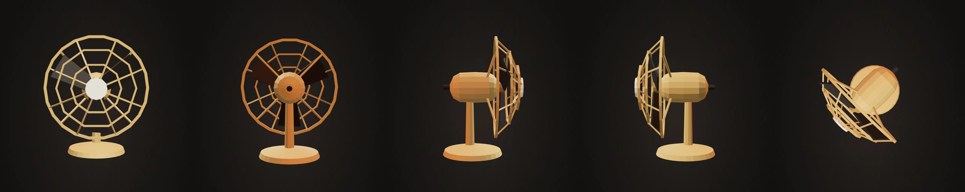 Desk fan rendered from front, back, left, right and top for the five-view audit.