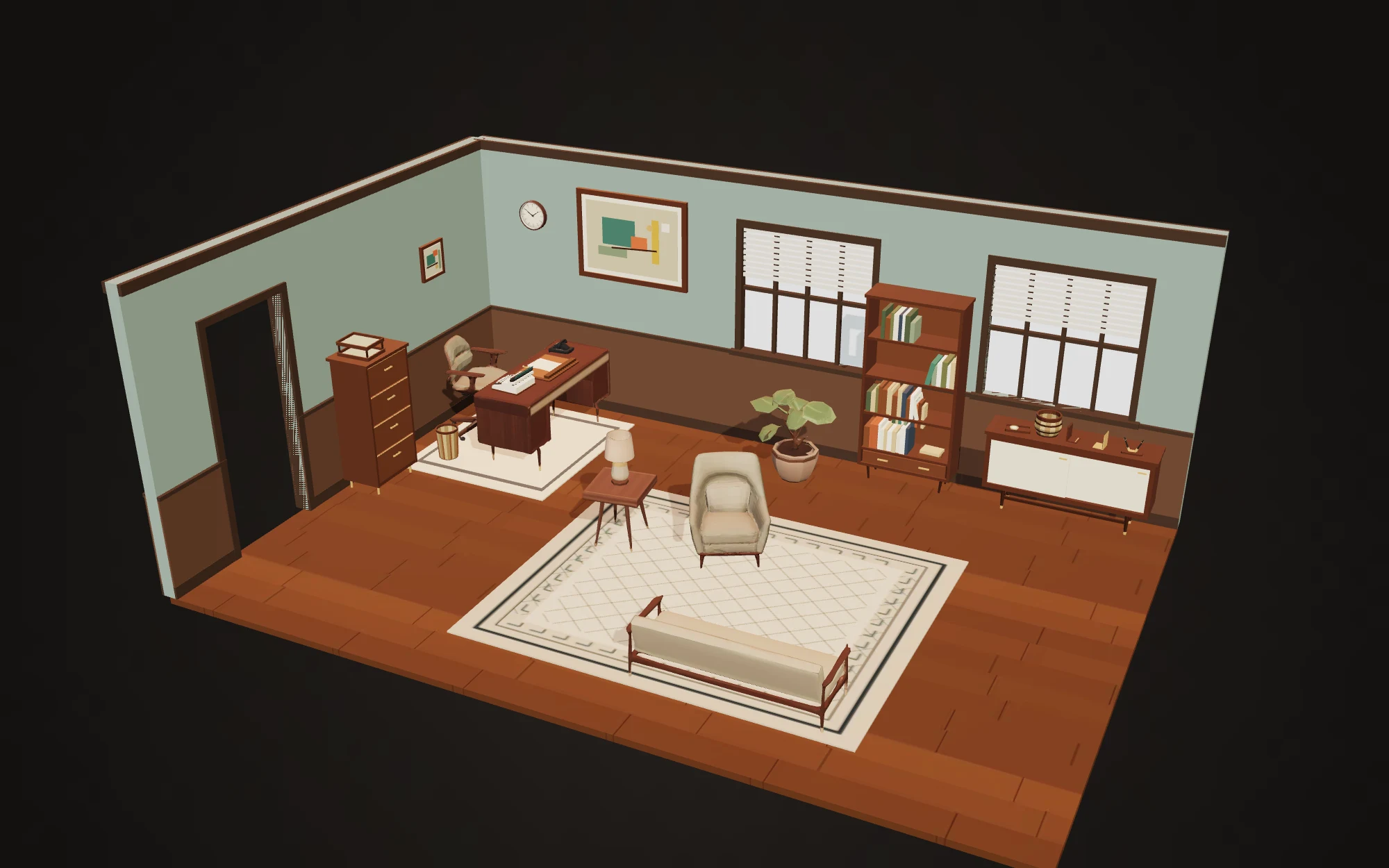 A wide view of the 1960s office set.