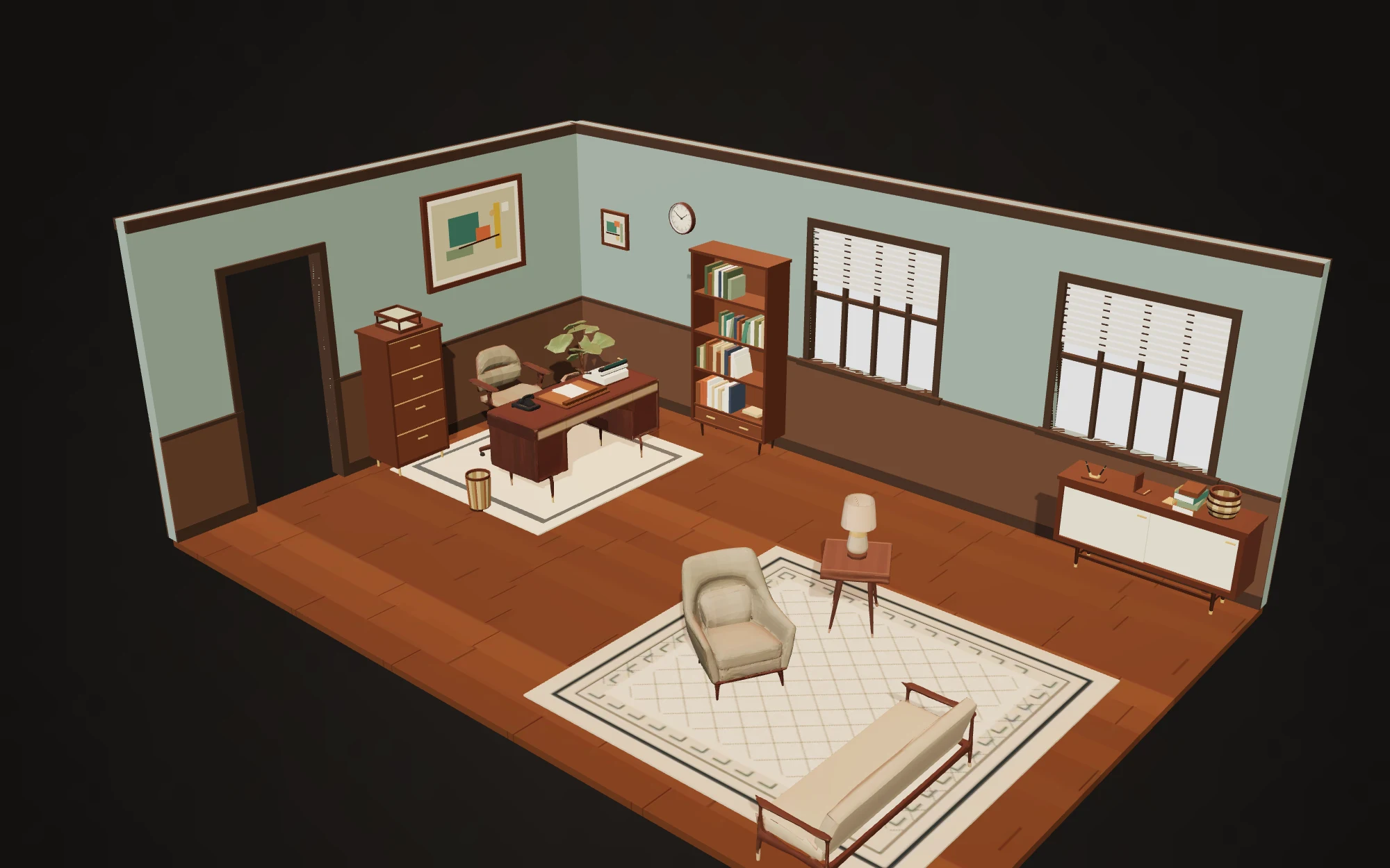 Arrangement 2 of the 1960s Office pack: a walnut desk and desk chair, bookcase, credenza, filing cabinet, armchair and bench sofa standing in a sage-walled room, placed by the studio's layout solver rather than by hand.
