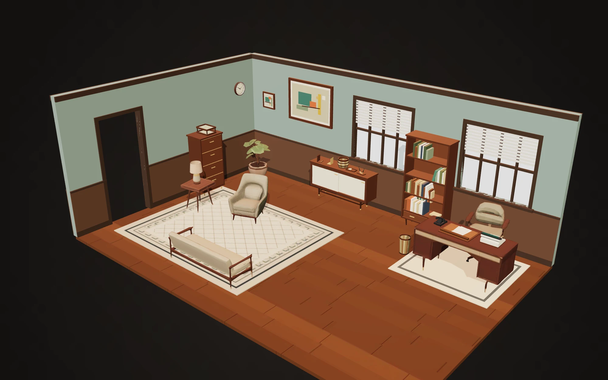 Arrangement 3 of the 1960s Office pack: a walnut desk and desk chair, bookcase, credenza, filing cabinet, armchair and bench sofa standing in a sage-walled room, placed by the studio's layout solver rather than by hand.