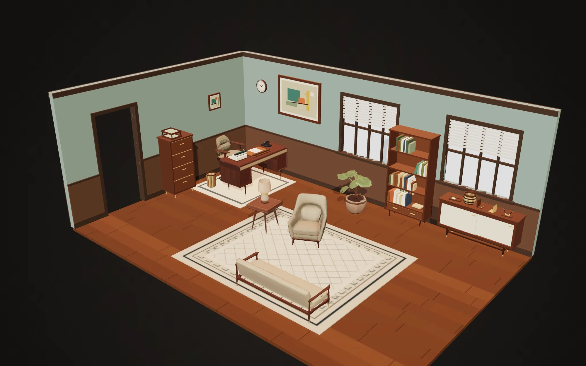 Arrangement 4 of the 1960s Office pack: a walnut desk and desk chair, bookcase, credenza, filing cabinet, armchair and bench sofa standing in a sage-walled room, placed by the studio's layout solver rather than by hand.