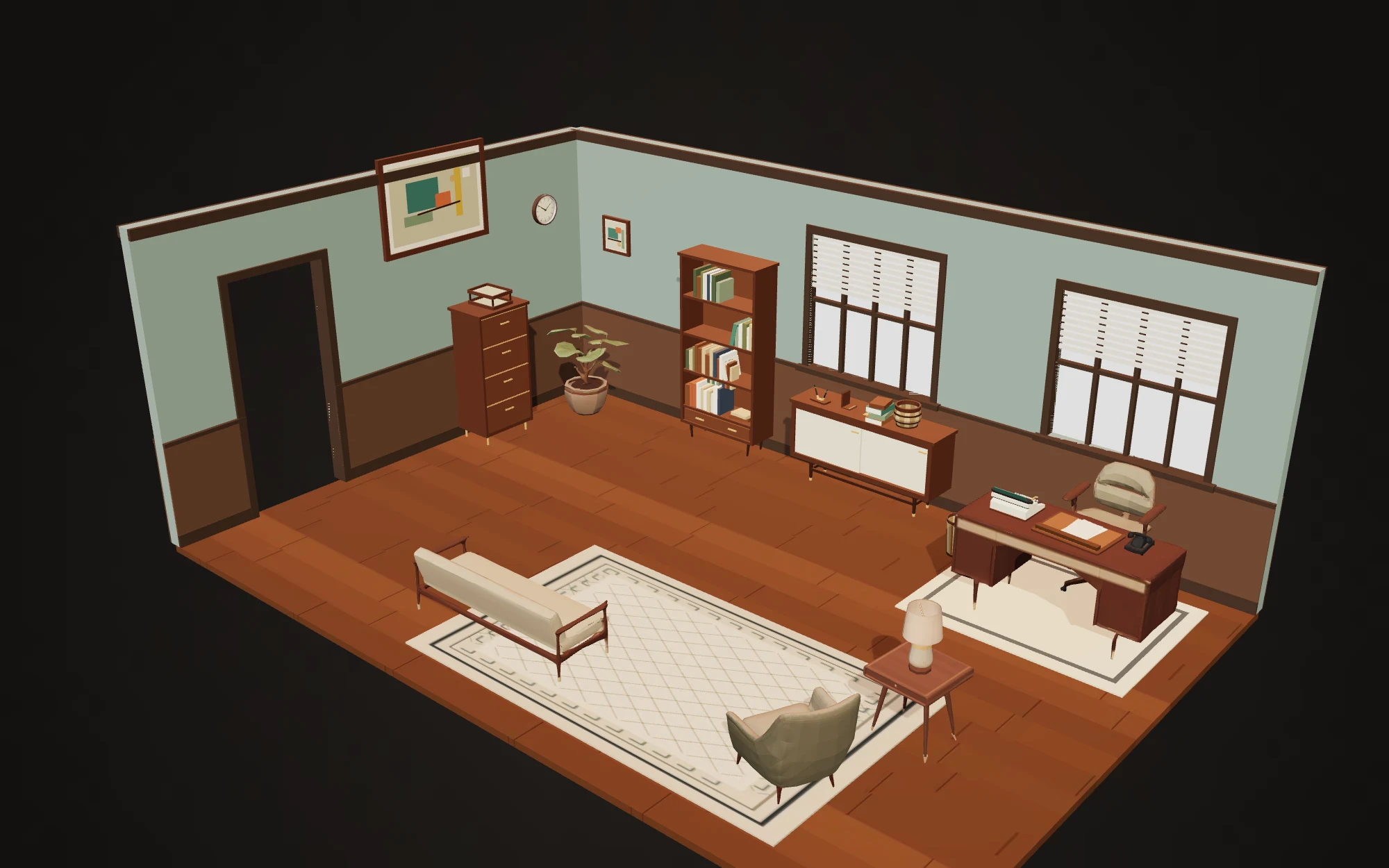 Arrangement 5 of the 1960s Office pack: a walnut desk and desk chair, bookcase, credenza, filing cabinet, armchair and bench sofa standing in a sage-walled room, placed by the studio's layout solver rather than by hand.