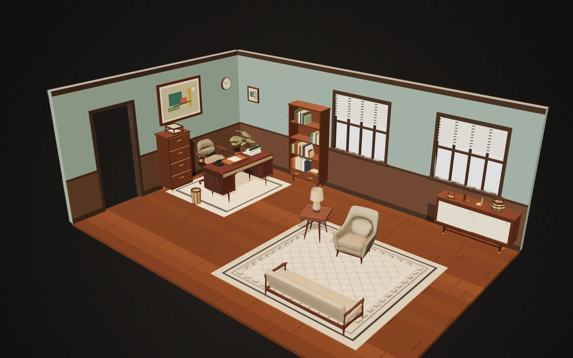 Arrangement 6 of the 1960s Office pack: a walnut desk and desk chair, bookcase, credenza, filing cabinet, armchair and bench sofa standing in a sage-walled room, placed by the studio's layout solver rather than by hand.