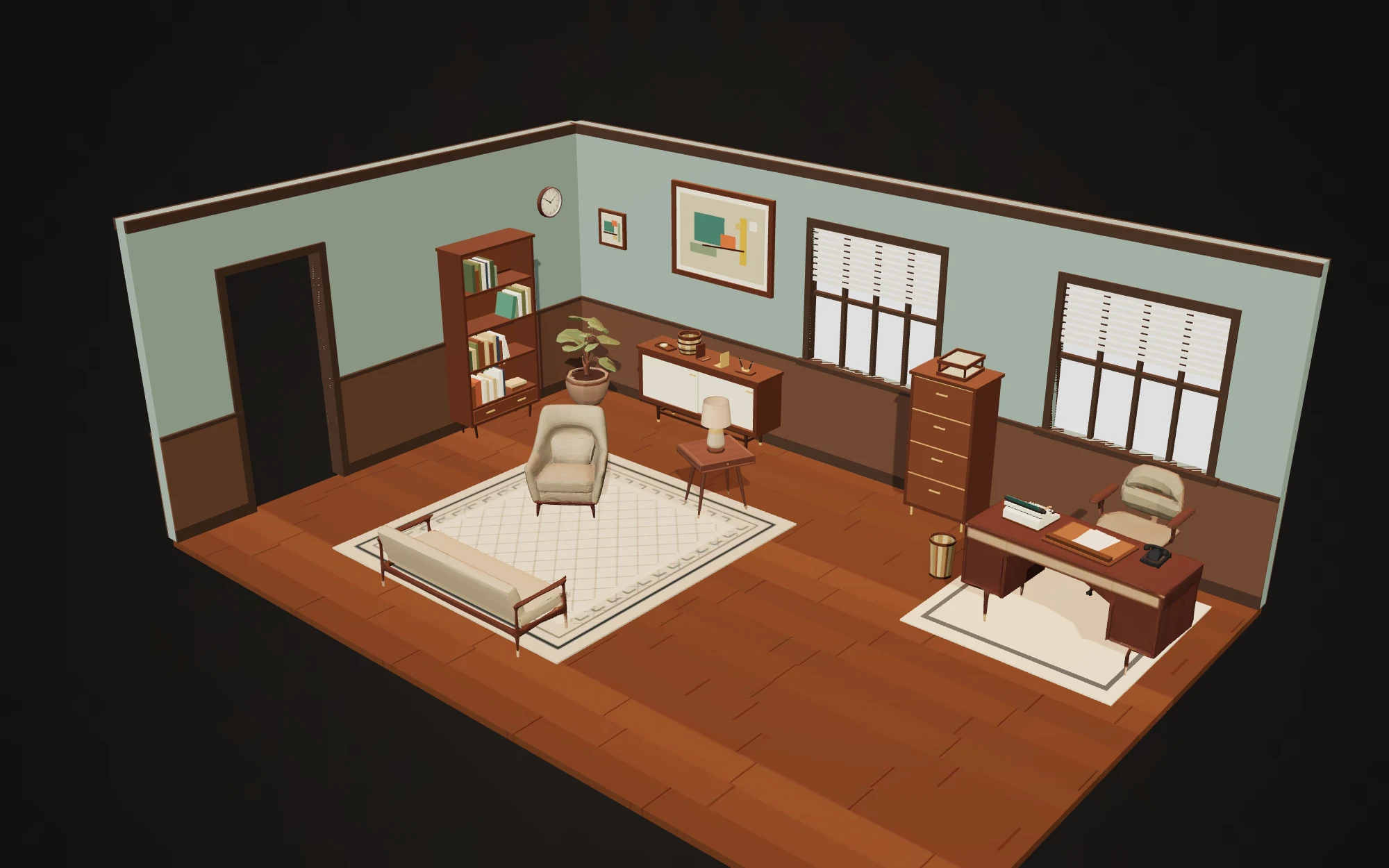Arrangement 7 of the 1960s Office pack: a walnut desk and desk chair, bookcase, credenza, filing cabinet, armchair and bench sofa standing in a sage-walled room, placed by the studio's layout solver rather than by hand.