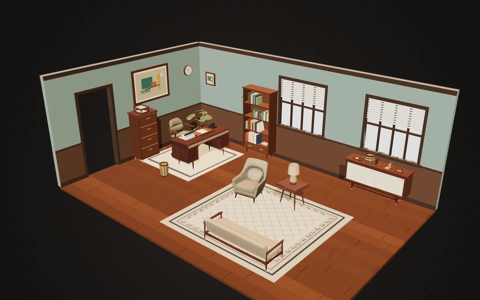 Arrangement 8 of the 1960s Office pack: a walnut desk and desk chair, bookcase, credenza, filing cabinet, armchair and bench sofa standing in a sage-walled room, placed by the studio's layout solver rather than by hand.