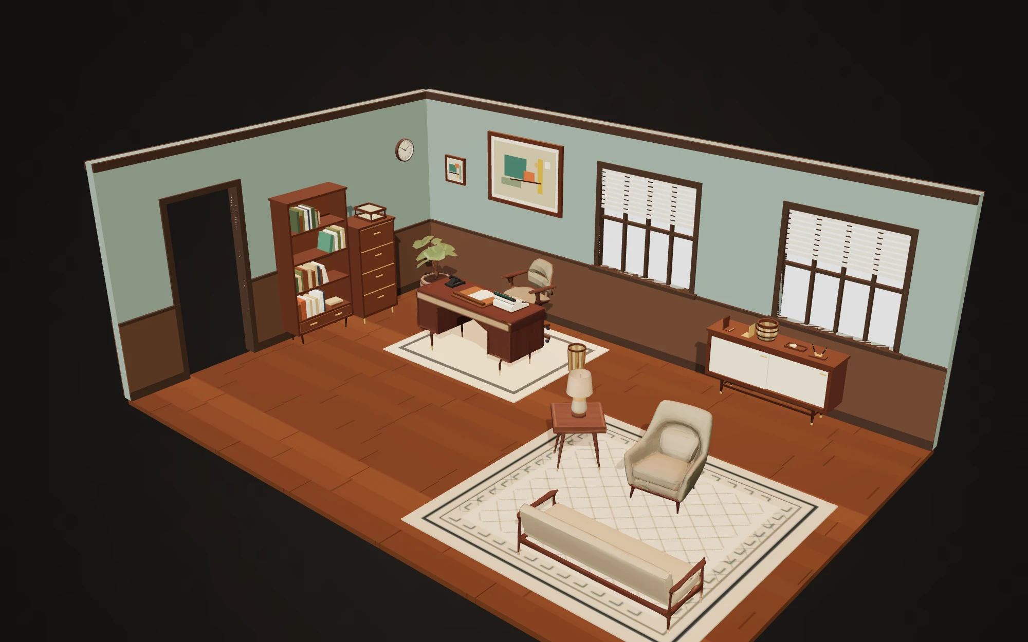 Arrangement 9 of the 1960s Office pack: a walnut desk and desk chair, bookcase, credenza, filing cabinet, armchair and bench sofa standing in a sage-walled room, placed by the studio's layout solver rather than by hand.