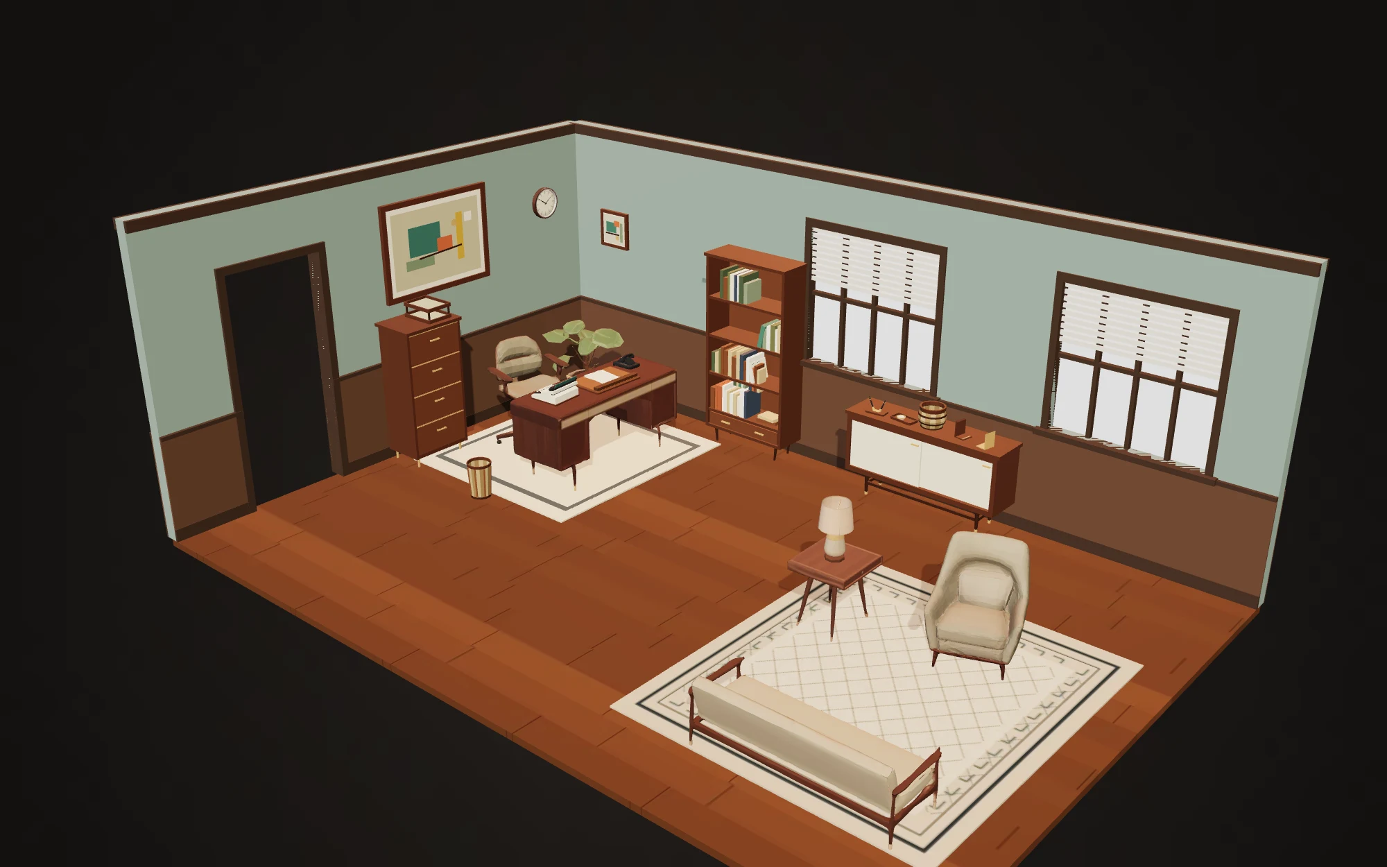 Arrangement 10 of the 1960s Office pack: a walnut desk and desk chair, bookcase, credenza, filing cabinet, armchair and bench sofa standing in a sage-walled room, placed by the studio's layout solver rather than by hand.
